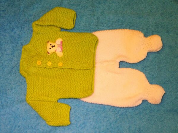 0 - 3 Months 2 Piece Hand Knitted Woollen Baby Boy Outfit With Jumper/Jacket & Pants