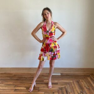 00S Y2K Mini Dress Halter Top Sheer Floral Party Low Waist Ruched Ruffle Club Red Yellow Pink Print