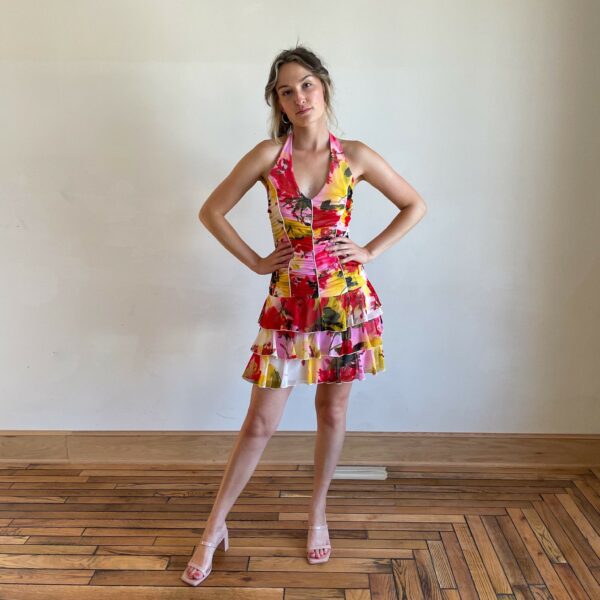 00S Y2K Mini Dress Halter Top Sheer Floral Party Low Waist Ruched Ruffle Club Red Yellow Pink Print