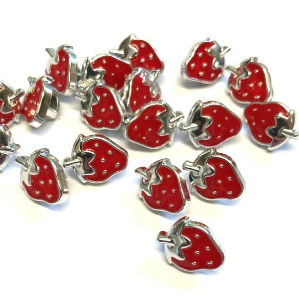 10, 12mm | 20L Small Strawberry Shaped Buttons, Red & Silver Metallic Fruit Strwberry Shank Blouse Buttons