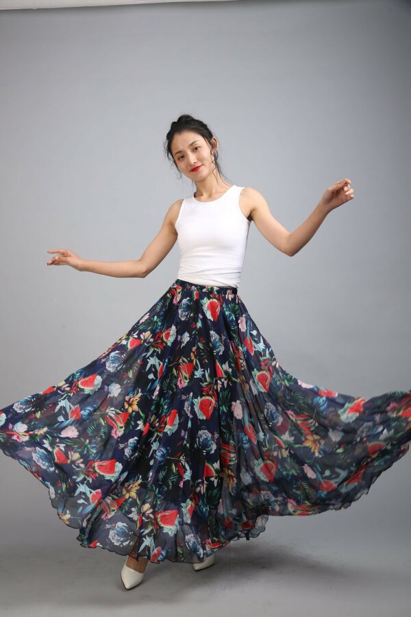 100+ Colors Chiffon High Quality Dark Blue Floral Long Party Skirt Evening Wedding Lightweight Summer Holiday Beach Bridesmaid Maxi