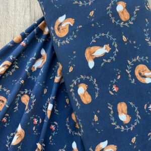 100% Cotton Jersey Knit, Autumn Wreath Foxes, Denim Blue Base, Baby Stretch Fabric, Original Design, Great For Rompers & Leggings