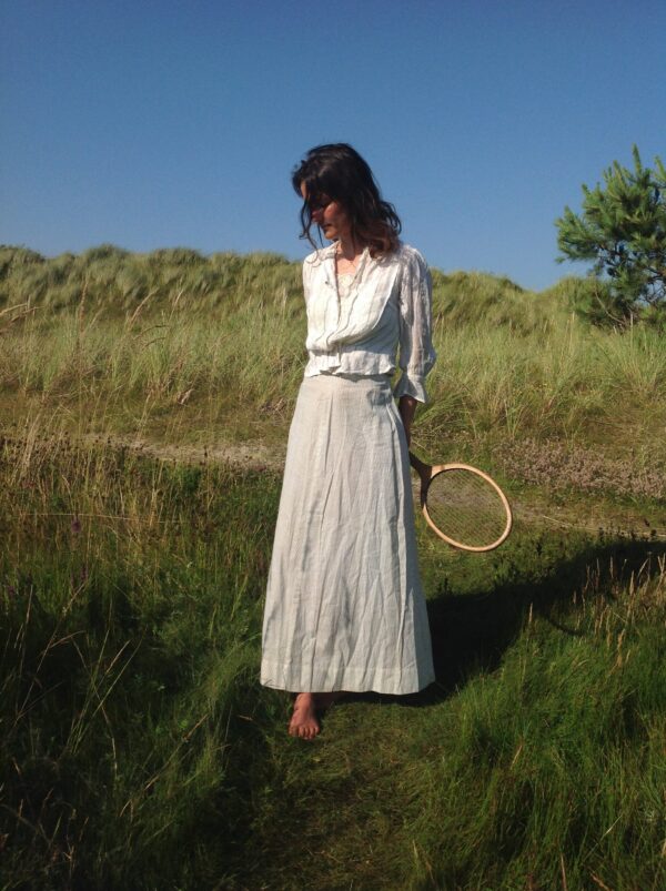 1910S Tennis Skirt, Blue Creme Striped Cotton Skirt