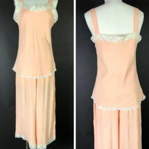 1920S Peach Crinkled Silk Pyjamas With Camisole Style Top & Wide Legged Cropped Bottoms, Art Deco Lace Trim