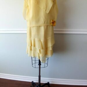 1920S Silk Drop Waist in Pale Yellow | Shoulder Drapes, Flouncy Ruffled Skirt, Asymmetrical Elements At Hem & Front