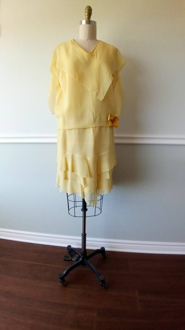 1920S Silk Drop Waist in Pale Yellow | Shoulder Drapes, Flouncy Ruffled Skirt, Asymmetrical Elements At Hem & Front