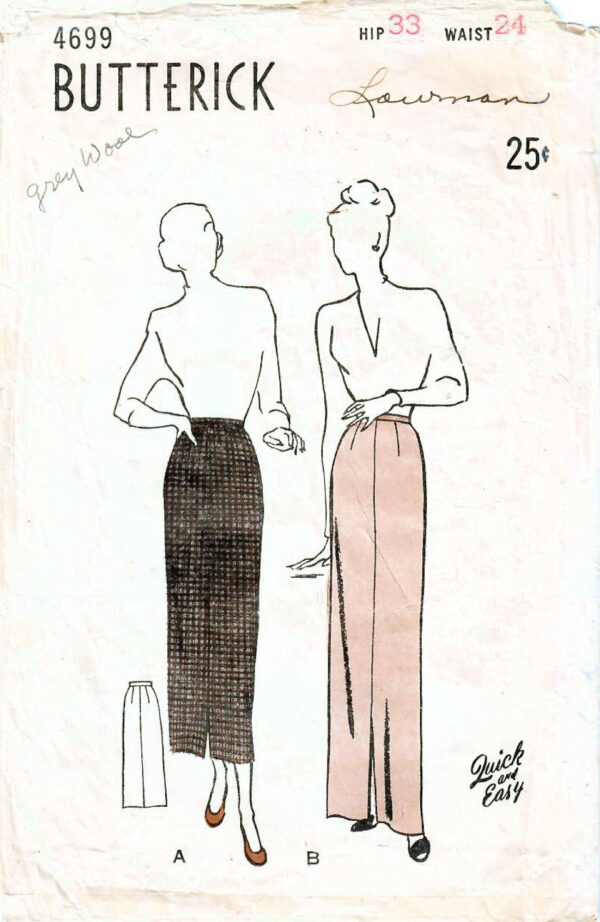 1940S Butterick 4699 Vintage Sewing Pattern Misses Slim Skirt, Midi Evening Skirt Size Waist 24