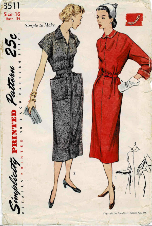 1950S Misses Chemise Dress Kimono Sleeves Simplicity 3511 Vintage Sewing Pattern Size 16 Bust 34