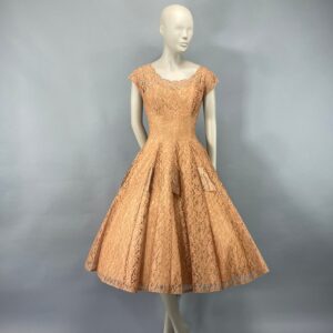 1950S Peach Floral Lace Sequins Party Dress, Xs Cupcake Tulle Full Skirt Large Bow, Prom Alt Wedding Elopement Reception Vfg