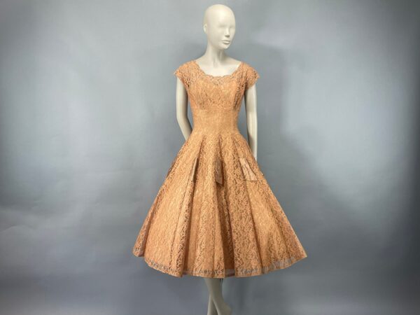 1950S Peach Floral Lace Sequins Party Dress, Xs Cupcake Tulle Full Skirt Large Bow, Prom Alt Wedding Elopement Reception Vfg