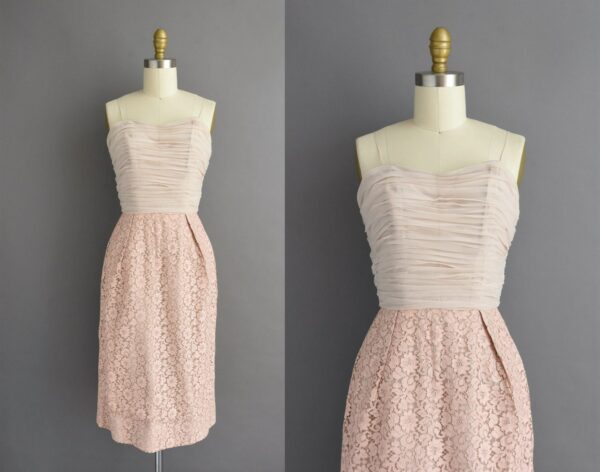 1950S Vintage Dress | Emma Domb Gorgeous Lace Cocktail Party Pencil Skirt Bridesmaid Dress Xs Small 50S