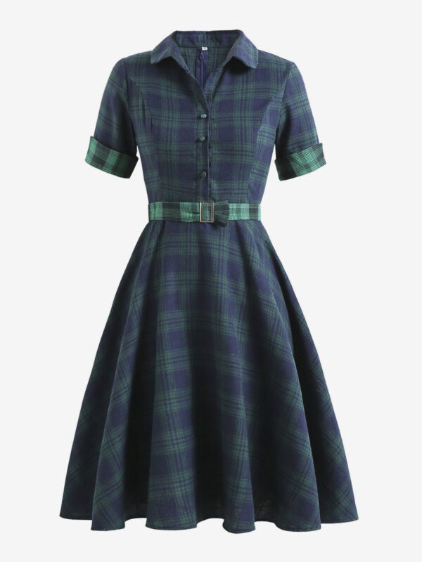 1950S Vintage Dress V Neck Turndown Collar Buttons Stretch Short Sleeves Knee Length Plaid Pattern Swing Dress