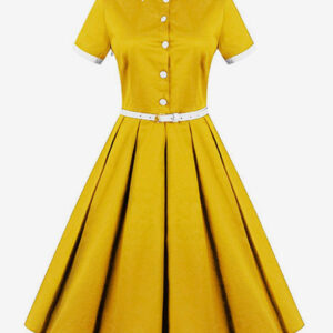 1950S Yellow Vintage Short Sleeve Belted Retro Swing Dress