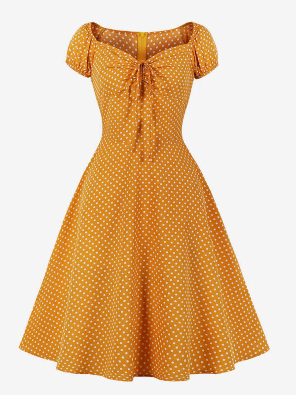 1950s Audrey Hepburn Style Retro Dress V-Neck Knotted Short Sleeves Polka Dot Midi Swing Dress