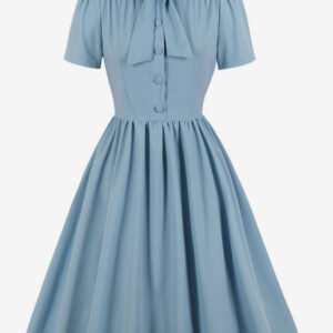 1950s Audrey Hepburn Style Vintage Dress Designed Neckline Bows Short Sleeves Medium Swing Dress