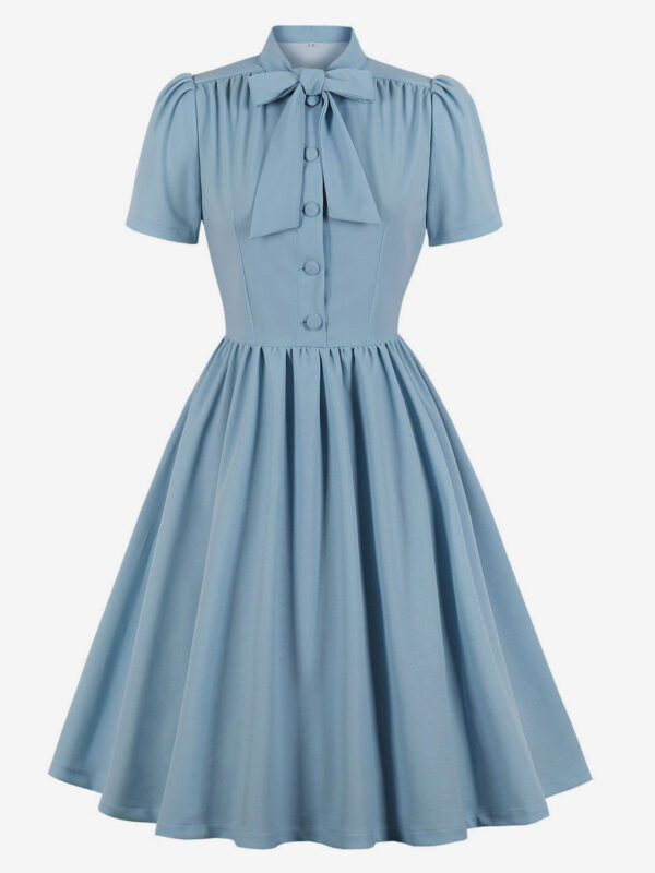 1950s Audrey Hepburn Style Vintage Dress Designed Neckline Bows Short Sleeves Medium Swing Dress