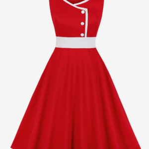 1950s Audrey Hepburn Style Vintage Dress Two-Tone Buttons Sleeveless Sweetheart Neck Red Swing Dress