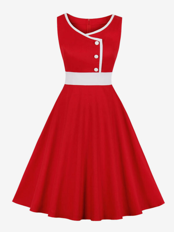 1950s Audrey Hepburn Style Vintage Dress Two-Tone Buttons Sleeveless Sweetheart Neck Red Swing Dress