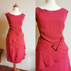 1950's Hot Fuchsia Pink Rayon Silk Dress Tiered Skirt Size S