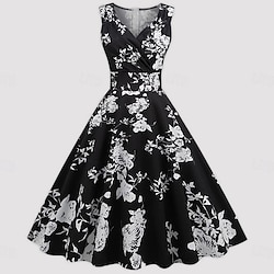 1950s Vintage Inspired Cocktail Dress Vintage Dress Dress Cocktail Dress Prom Dress Swing Dress Flare Dress Midi Women's Flounced Floral Print Vintage Printing Princess V Neck Masquerade Party