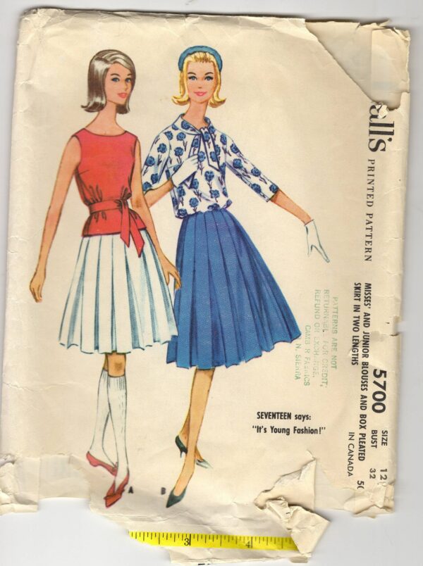 1960 Mccall's 5700Misses' & Junior Blouses Box Pleated Skirt in Two Lengths. Seventeen "It's Young Fashion