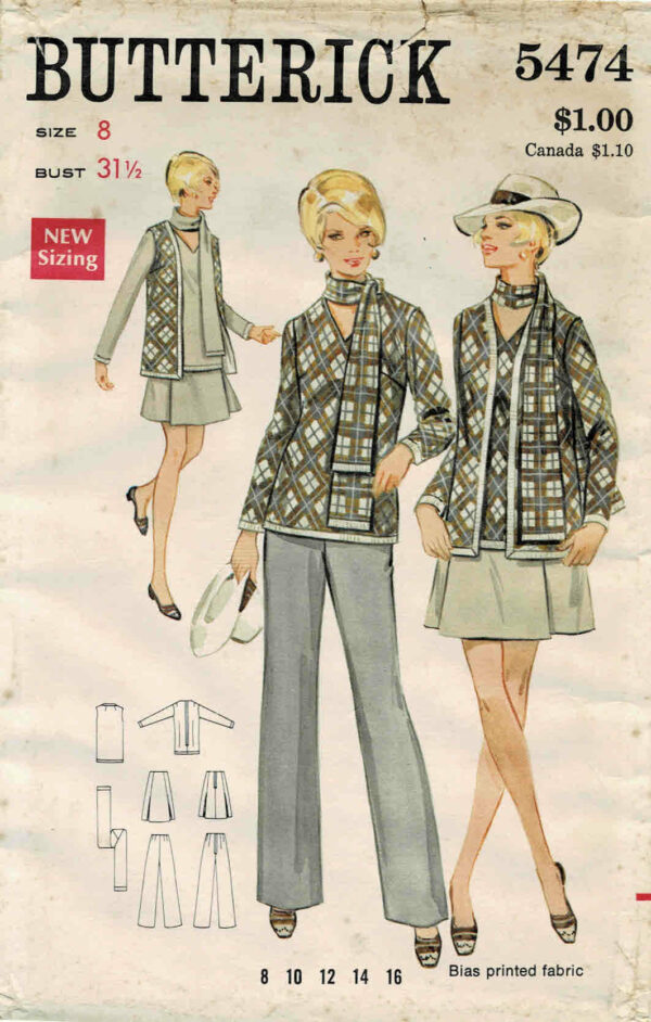 1960S Misses Cardigan Jacket V-Neck Top Scarf Pleated Skirt Flared Pants Butterick 5474 Vintage Sewing Pattern Size 8 Bust 31 1/2 Uncut