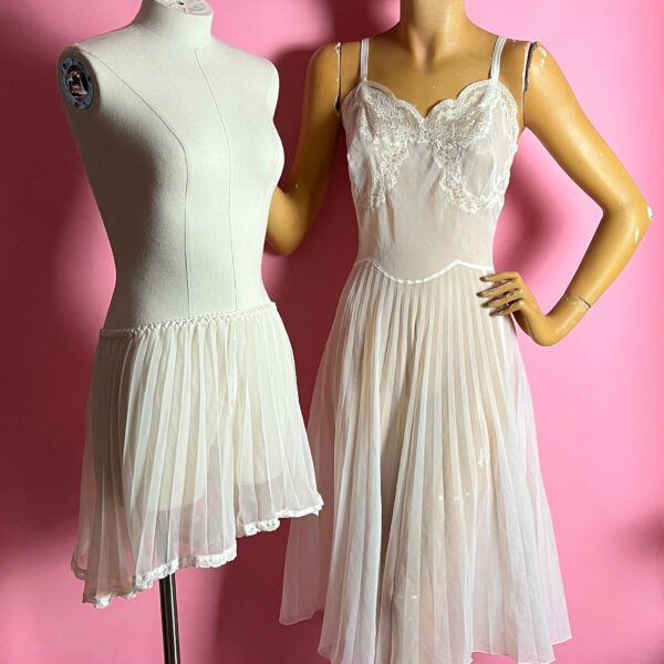 1960S Sheer White Pleated Slip & Tap Pants Babydoll Set, Lace Detail, Terylene, By Finewear, Larger Size