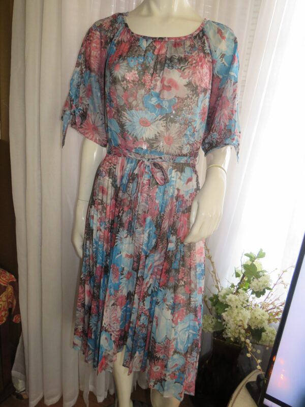 1960S'/70S' Ladies Floral Blousy Top/Pleated Skirt Dress-No Label/Size