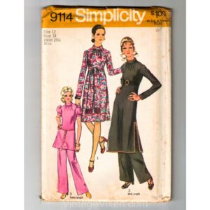 1970 Tunic Dress Sewing Pattern - Harem Ensemble Long Sleeve, Wide Leg Pants, & Sash 2 Lengths Uncut Complete Bust 34 Simplicity 9114