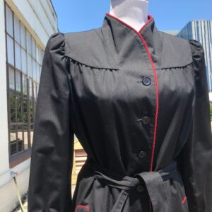 1970S 80S Black Navy Womens Belted Long Trench Coat Overcoat 70S 1980S Vintage Raincoat Duster Red Piping Retro 1940S 40S Style Puff Sleeve