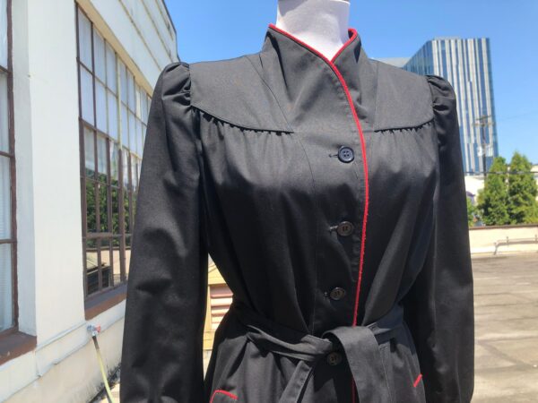 1970S 80S Black Navy Womens Belted Long Trench Coat Overcoat 70S 1980S Vintage Raincoat Duster Red Piping Retro 1940S 40S Style Puff Sleeve