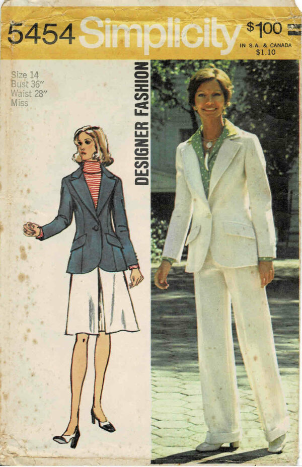 1970S Misses Princess Seam Jacket Pants Skirt Pant Suit Designer Fashion Simplicity 5454 Vintage Sewing Pattern Size 14 Bust 36 Uncut