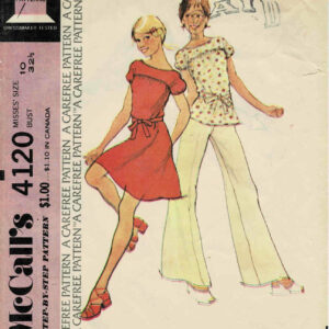 1970S Misses Puff Sleeve Dress Or Top & Flared Wide Leg Pants Mccall's 4120 Vintage Sewing Pattern Size 10 Bust 32 1/2