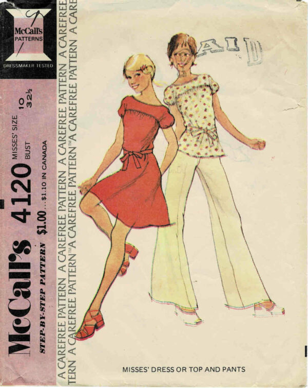 1970S Misses Puff Sleeve Dress Or Top & Flared Wide Leg Pants Mccall's 4120 Vintage Sewing Pattern Size 10 Bust 32 1/2