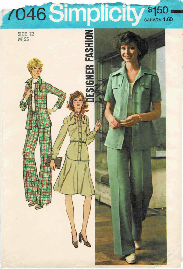 1970S Misses Shirt-Jacket Wide Leg Pants Skirt Designer Fashion Simplicity 7046 Vintage Sewing Pattern Size 12 Bust 34 Uncut