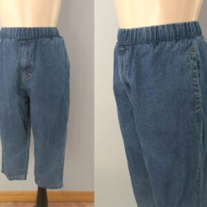 1980S Elastic Waist Denim Capri Pants | Xs Extra Small High Rise Waisted Drawstring Jeans