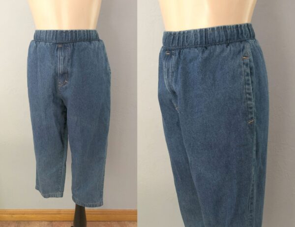 1980S Elastic Waist Denim Capri Pants | Xs Extra Small High Rise Waisted Drawstring Jeans