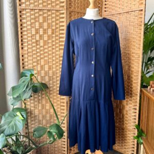 1980S Minimalist Navy Dress M 12 14 // Chic Button Up Dark Blue Flared Hem Midi, Cinched Waist, By Wallis, Size