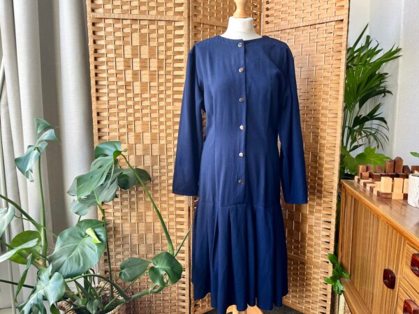 1980S Minimalist Navy Dress M 12 14 // Chic Button Up Dark Blue Flared Hem Midi, Cinched Waist, By Wallis, Size