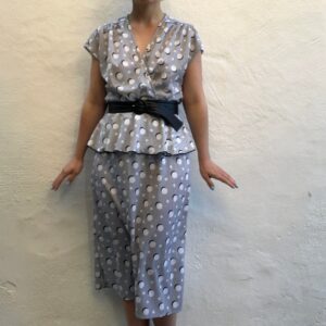 1980S Monochrome Graphic Circle Print Cinched Waist Chic Pencil Skirt Dress, Wrap Neckline, Size S M 10 12