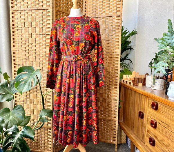 1980S Pattern Clash Dress S 10 12 // Vintage Red Floral Plaid Cinched Waist Shirt Dress, Original Belt, By