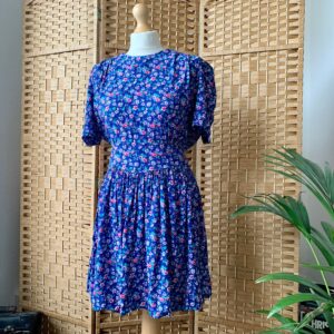 1980S Sweet Blue Ditsy Floral Cinched Waist Mini Dress, Size S M 8 10 12