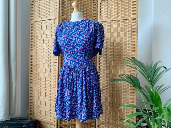 1980S Sweet Blue Ditsy Floral Cinched Waist Mini Dress, Size S M 8 10 12