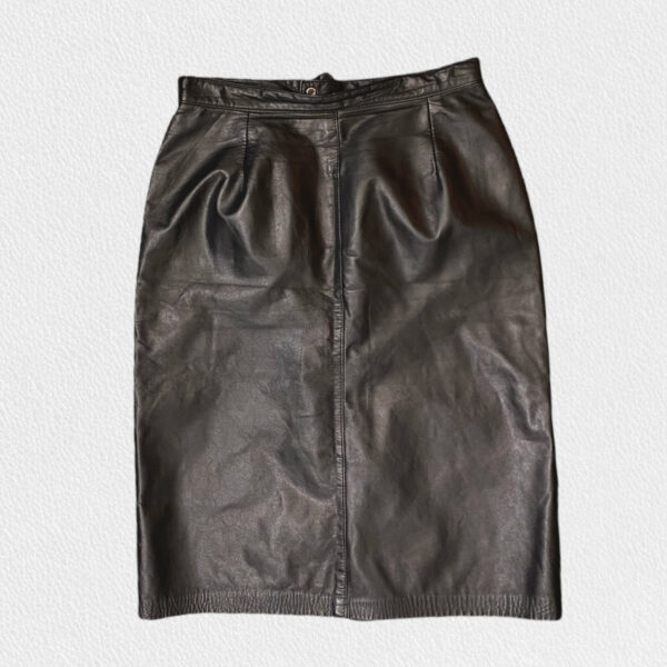 1980's Black Leather Knee Length Skirt By Smart Set - Vintage Size 7