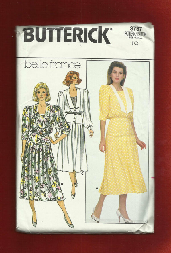 1986 Butterick 3737 Designer Belle France Dress With Loose Bodice & Pleated Skirt Size 10 Uncut