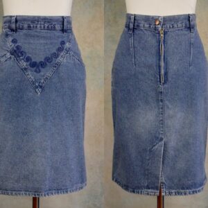 1990S Denim Skirt, Italian Vintage Cotton Blue Jeans Skirt With Embroidered Front, 90S Clothing Women, Size 4 Us, 25 Inch | 63.5cm Waist