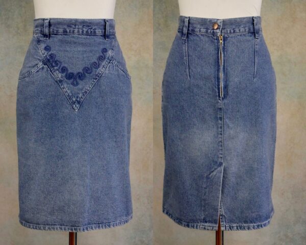 1990S Denim Skirt, Italian Vintage Cotton Blue Jeans Skirt With Embroidered Front, 90S Clothing Women, Size 4 Us, 25 Inch | 63.5cm Waist