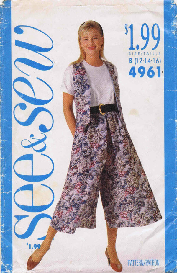 1990S Misses Vest & Flared Culottes Butterick See & Sew 4961 Vintage Sewing Pattern Size 12 - 14 16 Bust 34 36 38 Uncut