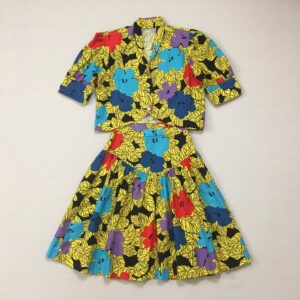 1990's, Puffy Shoulder, Cropped Jacket & Dropped Yoke, Mini-Skirt Set, in Colorful, African, Floral Print