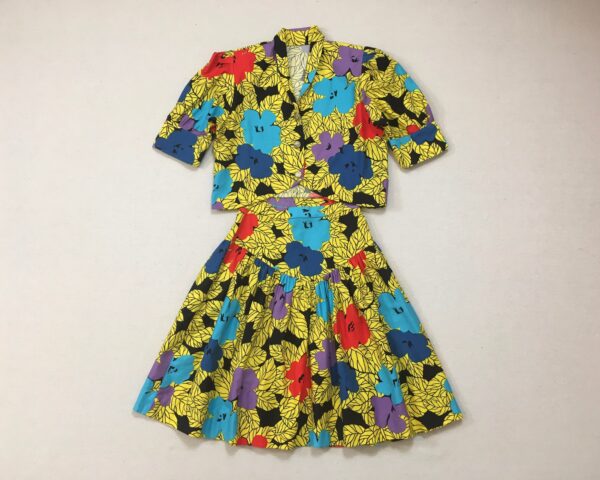 1990's, Puffy Shoulder, Cropped Jacket & Dropped Yoke, Mini-Skirt Set, in Colorful, African, Floral Print